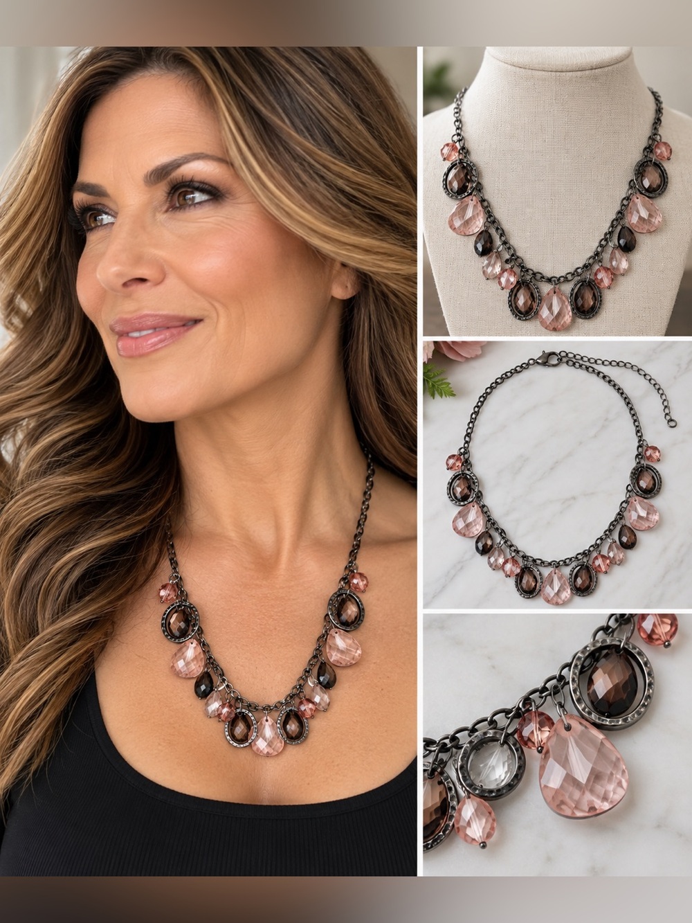Vintage look Black Chain Necklace-pink/brown/clear stones